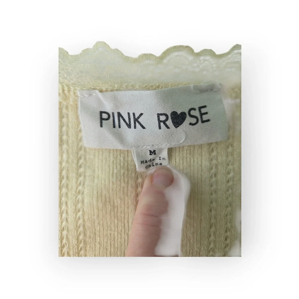 Pink Rose Juniors Cream Ribbed‎ Lace Square Neck Button Front Cropped Top Size M